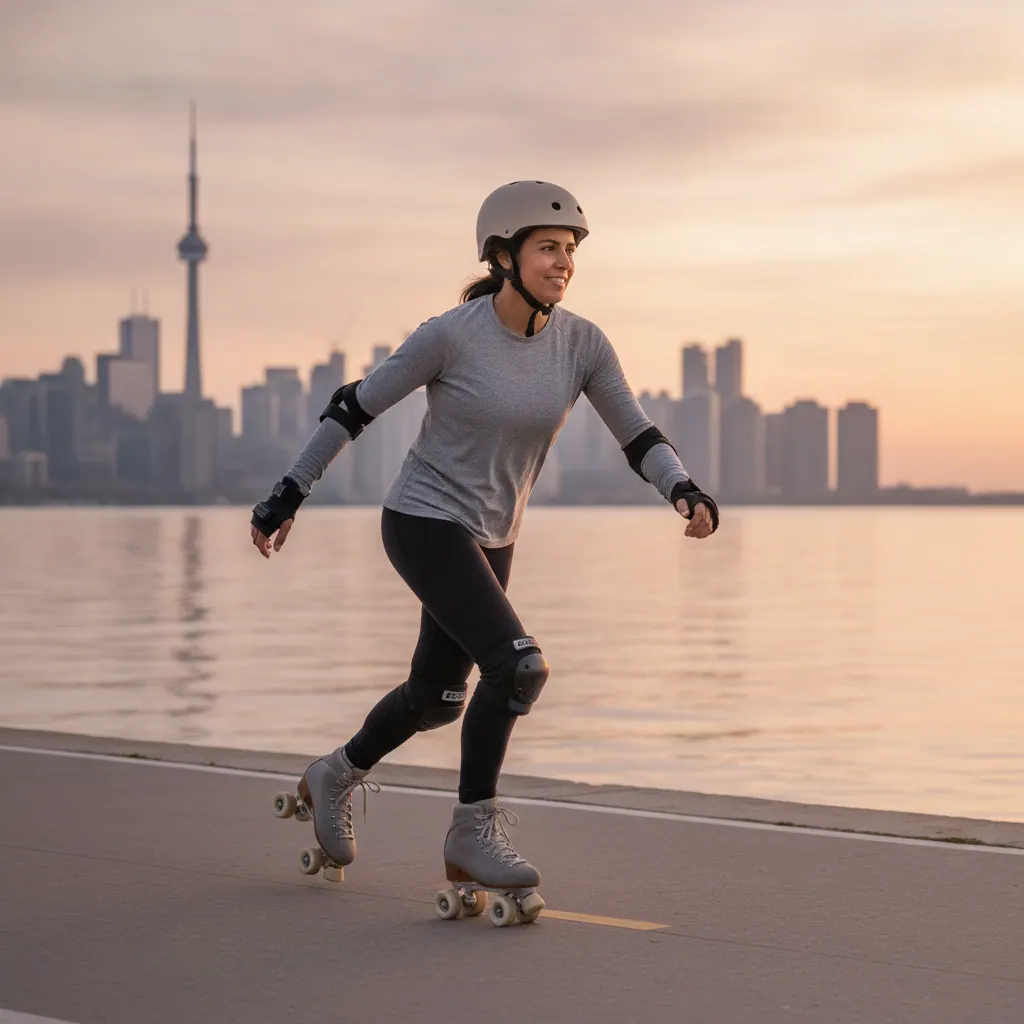 Adult skater doing a fitness workout on a smooth Canadian waterfront trail