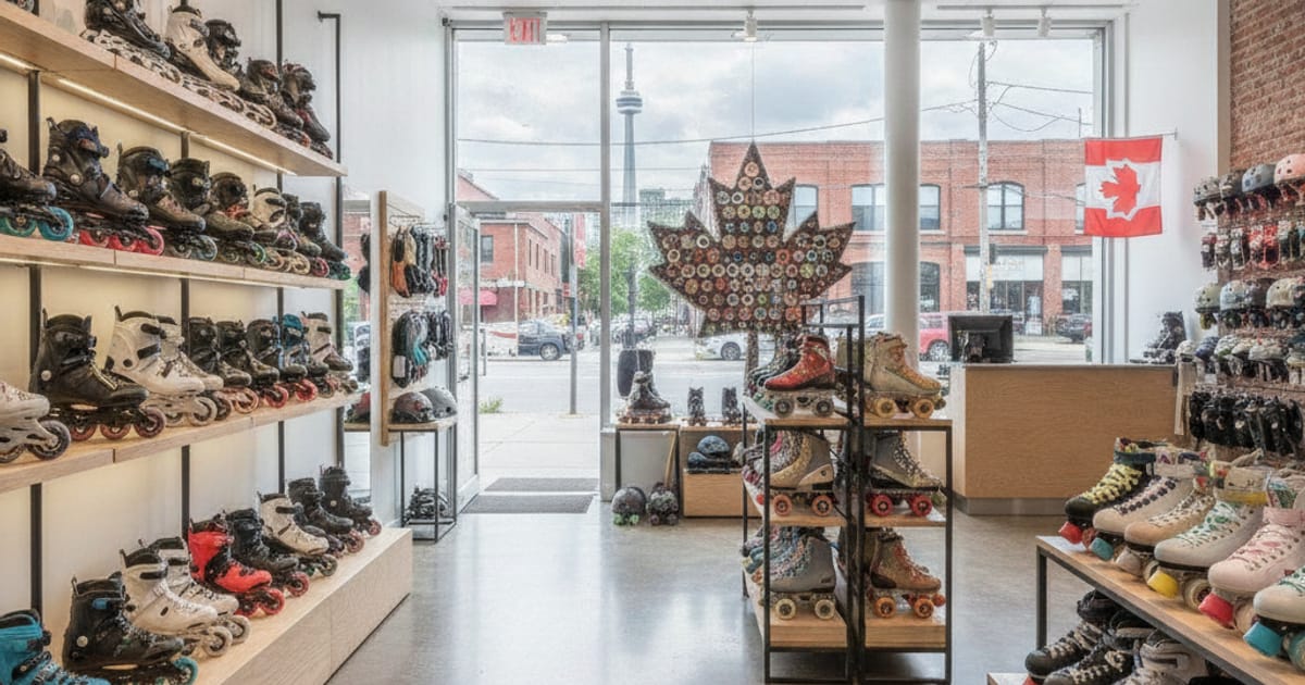 Inside a specialist skate shop in Toronto with inline and roller skates on display