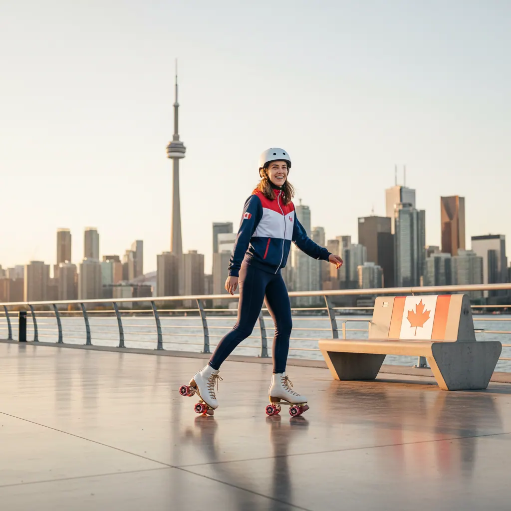 Adult skater on quad roller skates gliding along a smooth waterfront path